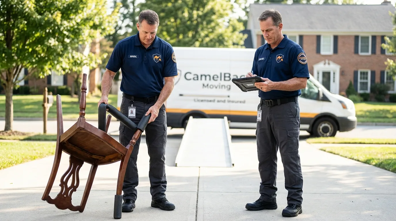 Movers inspecting furniture for damage prevention before loading in Santa Rosa, NM