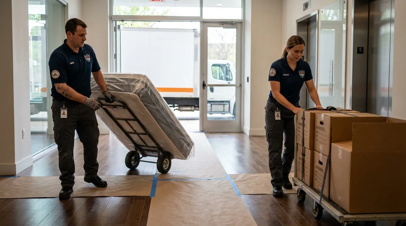 Professional apartment movers loading elevator in Santa Rosa, NM