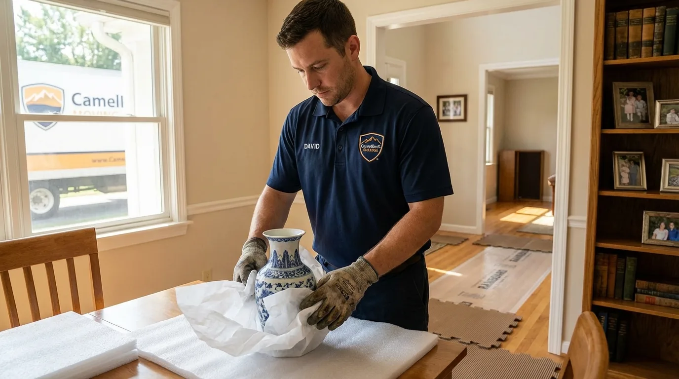 Professional crew carefully wrapping antique vase for senior downsizing move in Santa Rosa, NM